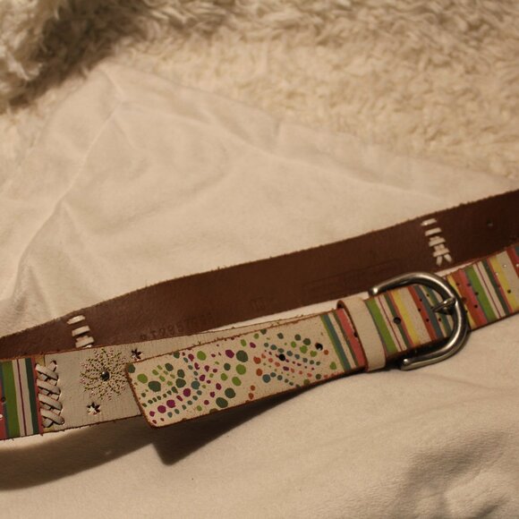 Y2K FOSSIL Leather Boho VTG Belt, Flowers Stripes Dots Size Lrg - Picture 1 of 7